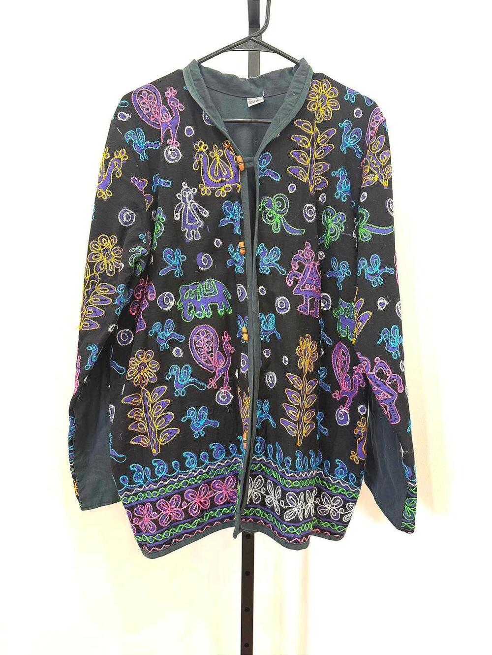 Black Button-Up Cardigan with Colorful Embroidered Patterns